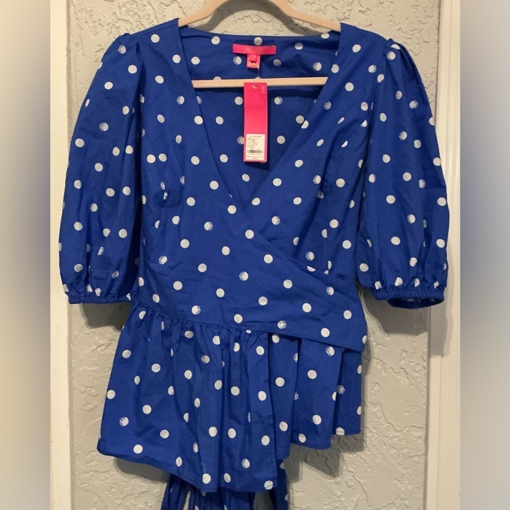 Lilly Pulitzer Blue and White Polka Kara Cotton Wrap Top (NWT)